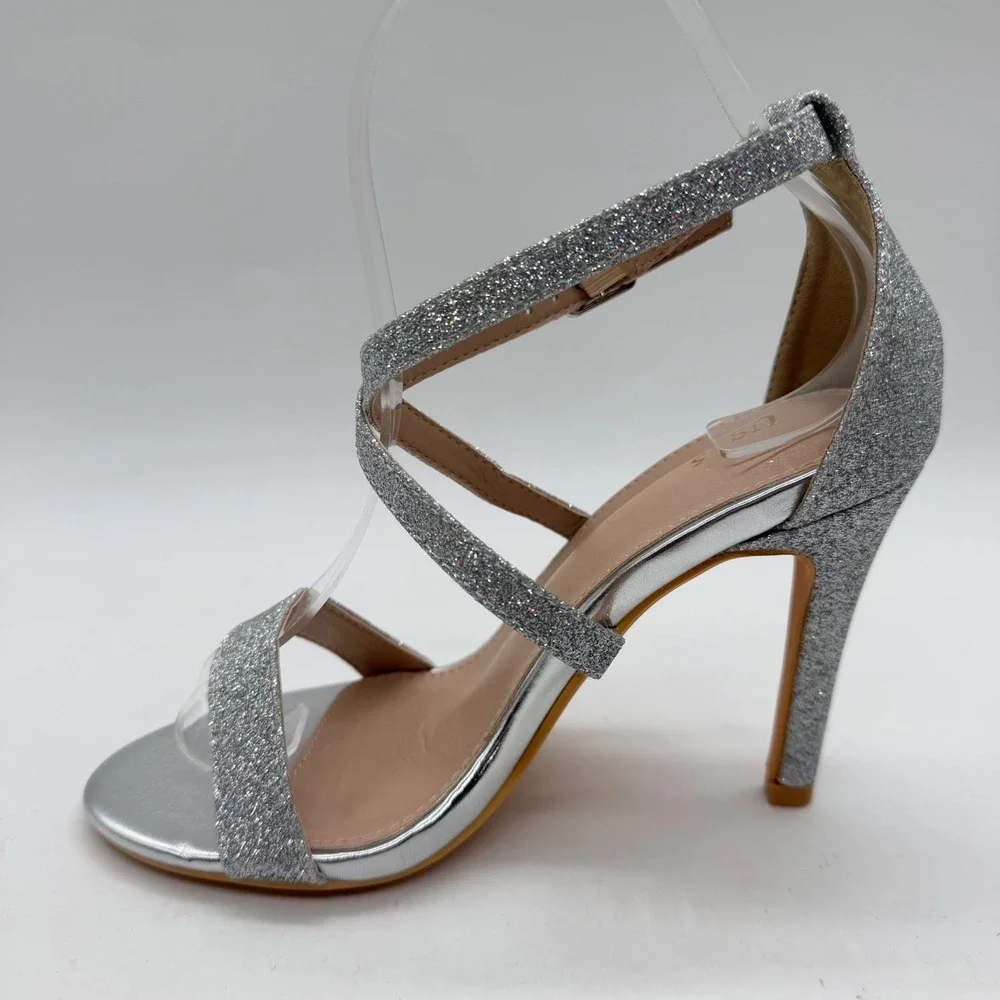 Women Silver Glitter Strappy Stiletto Sandals Open Toe Ankle Strap Size 5